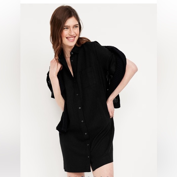 Old Navy Women’s Linen-Blend Dress Button-Down Midi Black Short Sleeve Size M - Picture 4 of 7